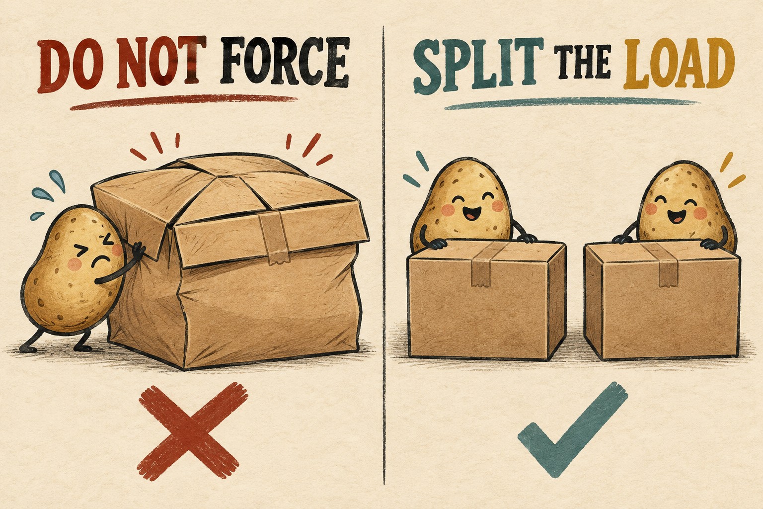 Bulging carton under Do Not Force compared with two straight closed cartons under Split the Load