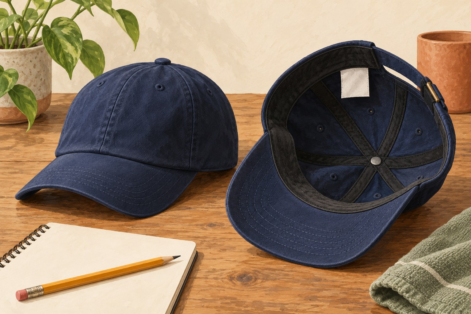 Two navy baseball caps show the outer crown and inner sweatband beside a blank notebook.