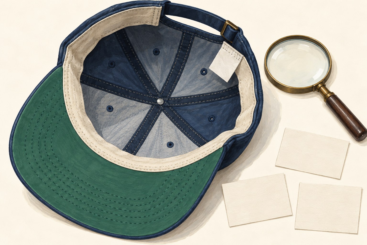An upturned cap exposes the sweatband, stitched panels and a blank care label beside note cards.