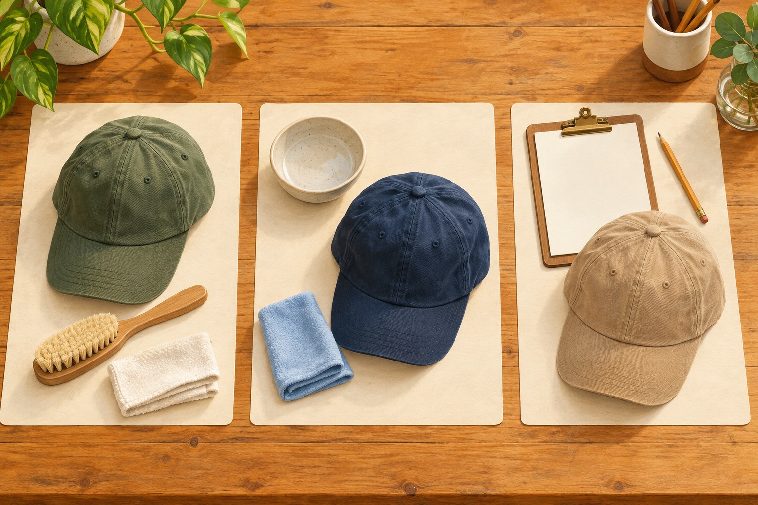 Three caps sit separately beside a brush and cloth, a bowl and cloth, and a blank clipboard.