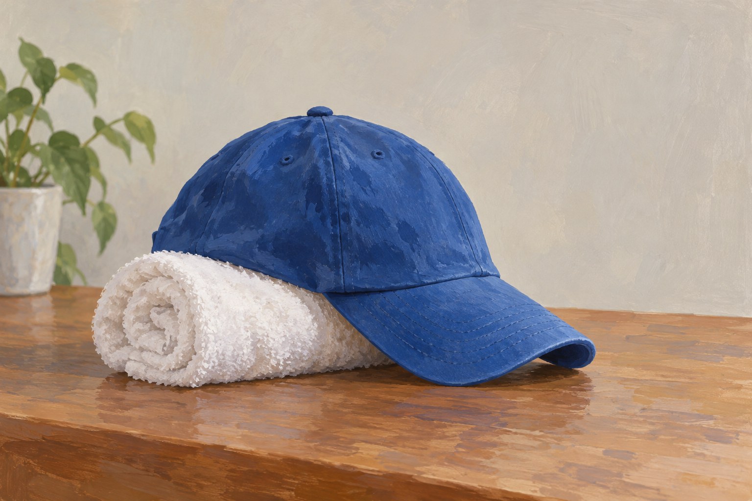 A blue cap rests over a rolled white towel with its crown supported and brim curved.