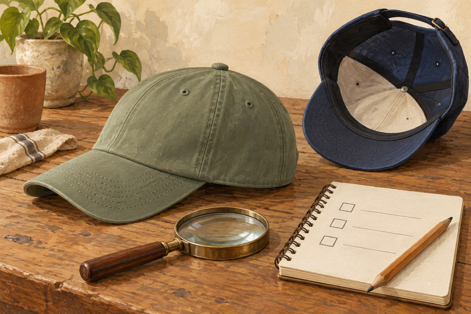 A green cap and an upturned navy cap sit beside a magnifier and three empty checklist boxes.