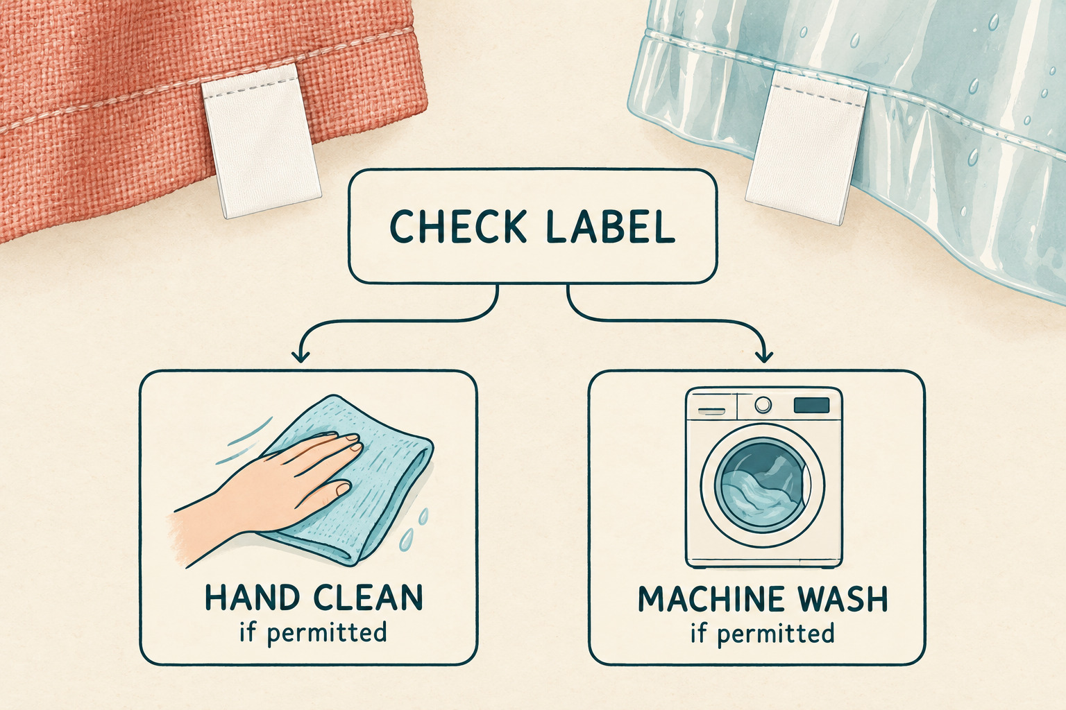 AI-generated conceptual care card with fabric and plastic swatches, blank tags, and CHECK LABEL branching to HAND CLEAN and MACHINE WASH, each marked if permitted.