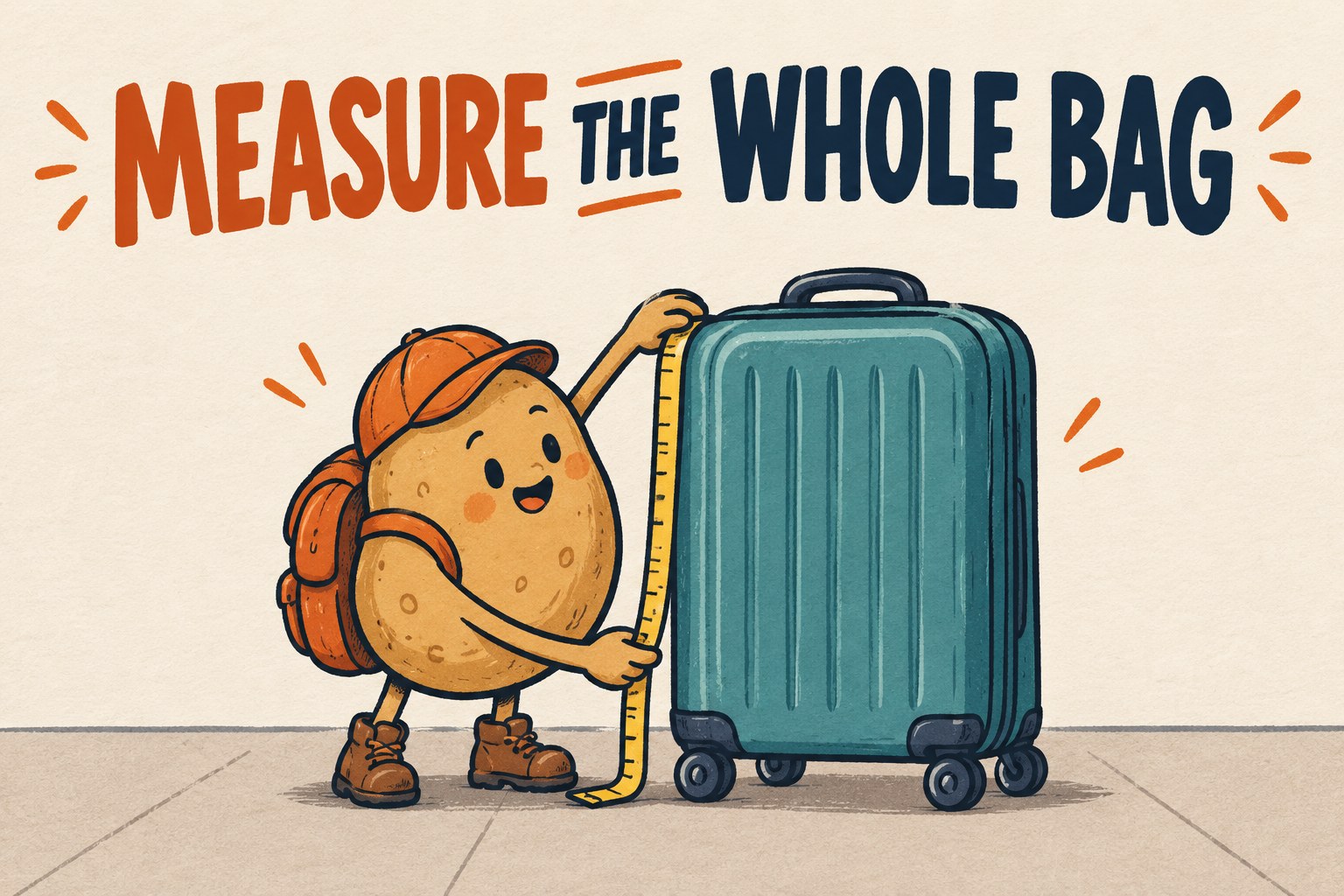 A potato traveler with a tape measure beside a wheeled suitcase under Measure the Whole Bag.