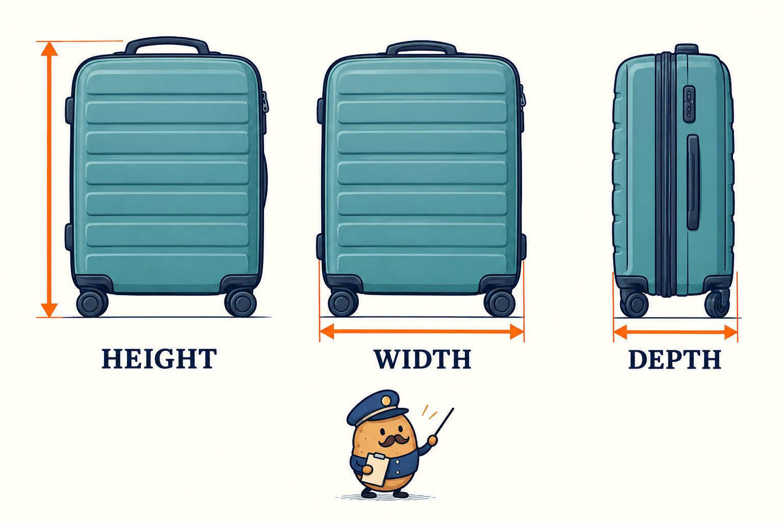 Front and side suitcase views identify height, width and depth with orange arrows.