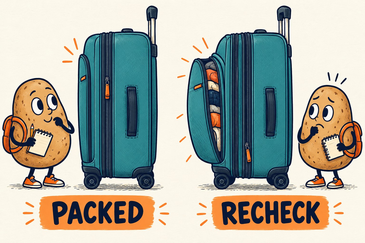 Two suitcase side views show a flatter front pocket and a bulging open pocket.