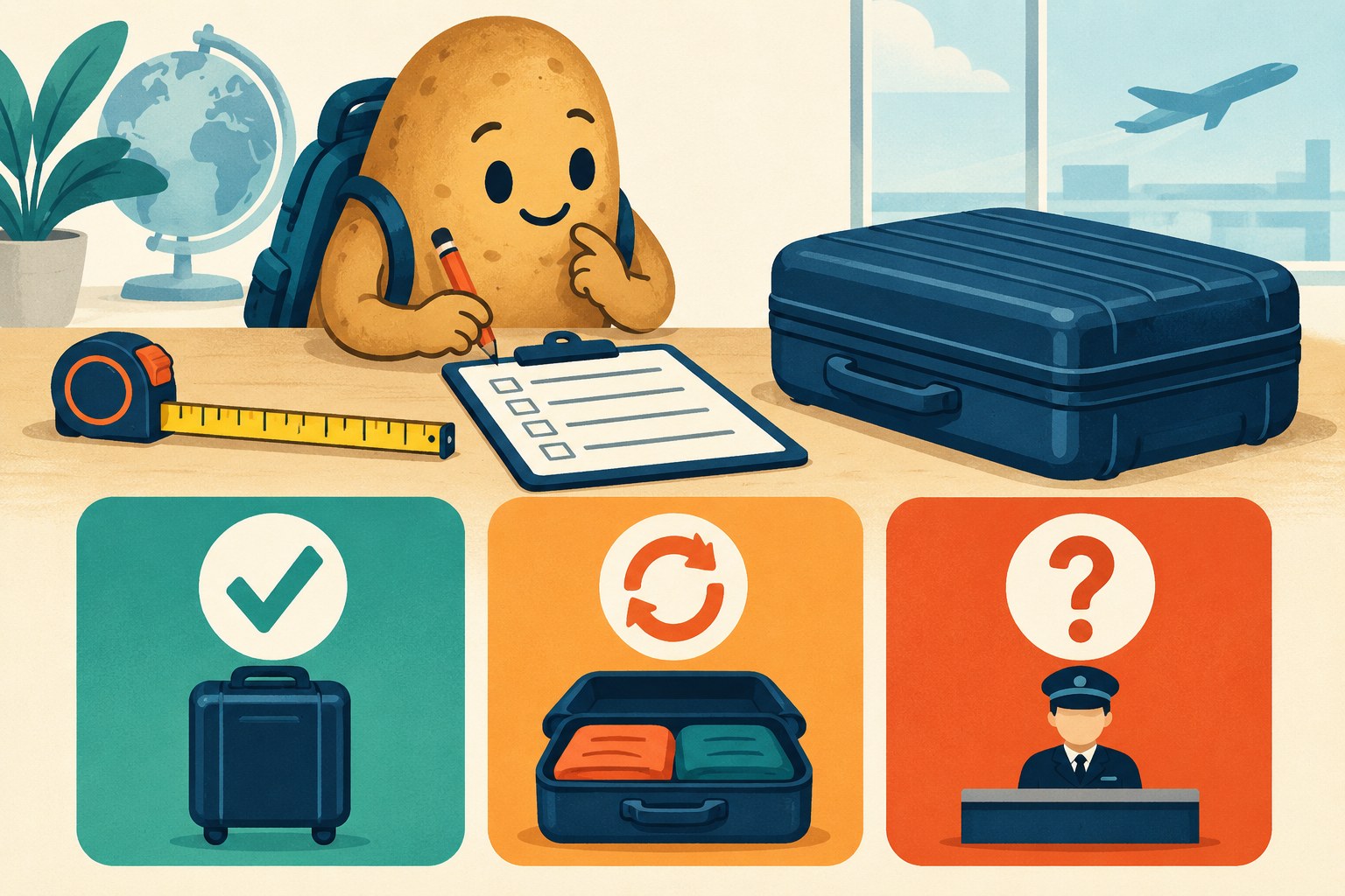 A potato completes a checklist above symbols for checked, repack and ask.