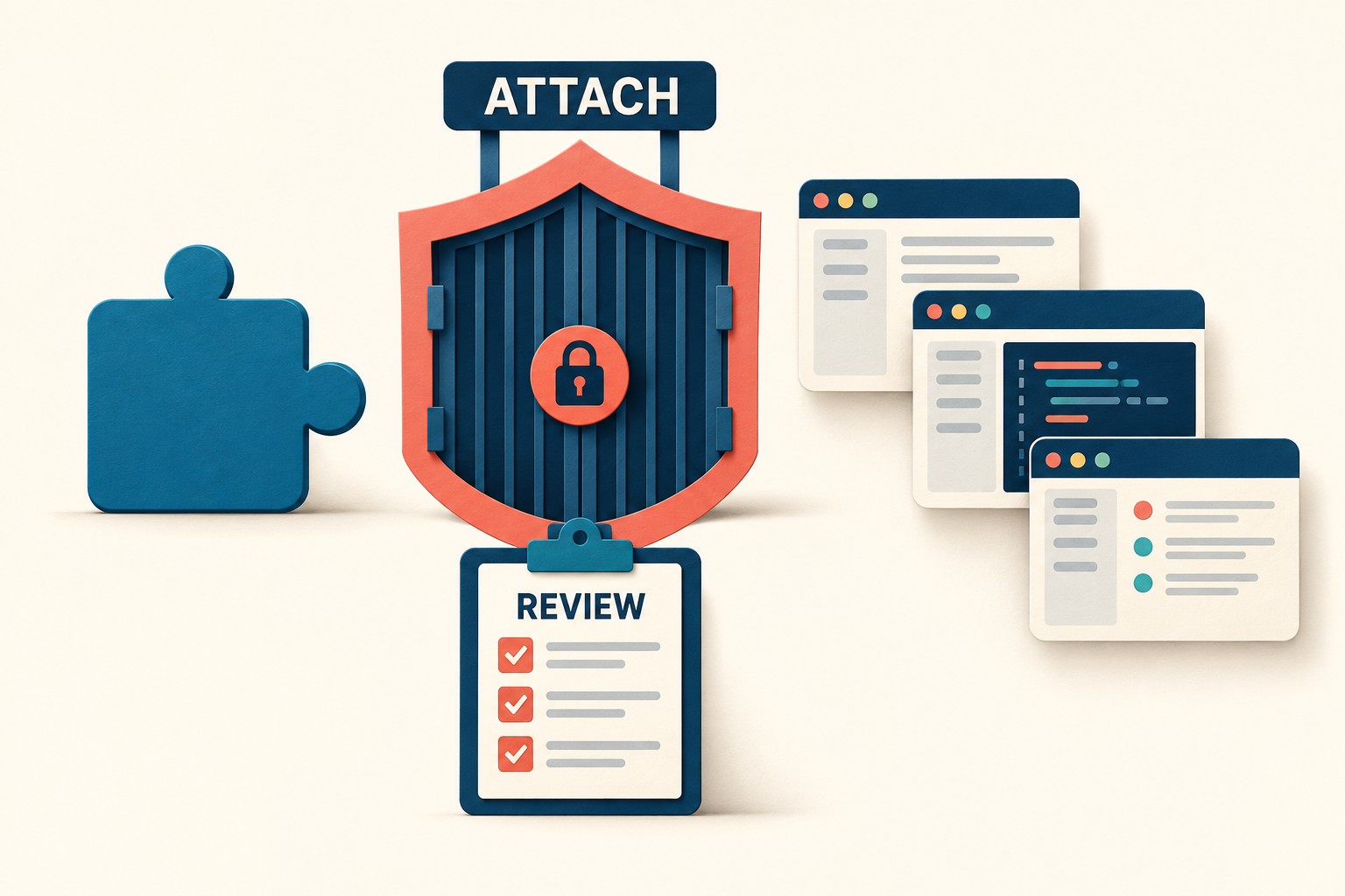 An extension puzzle piece faces a closed shield-shaped attach gate, with three browser-window illustrations beyond it and a review clipboard below.