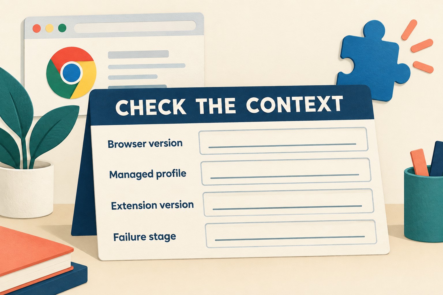 A blank context card has fields for browser version, managed profile, extension version and failure stage.