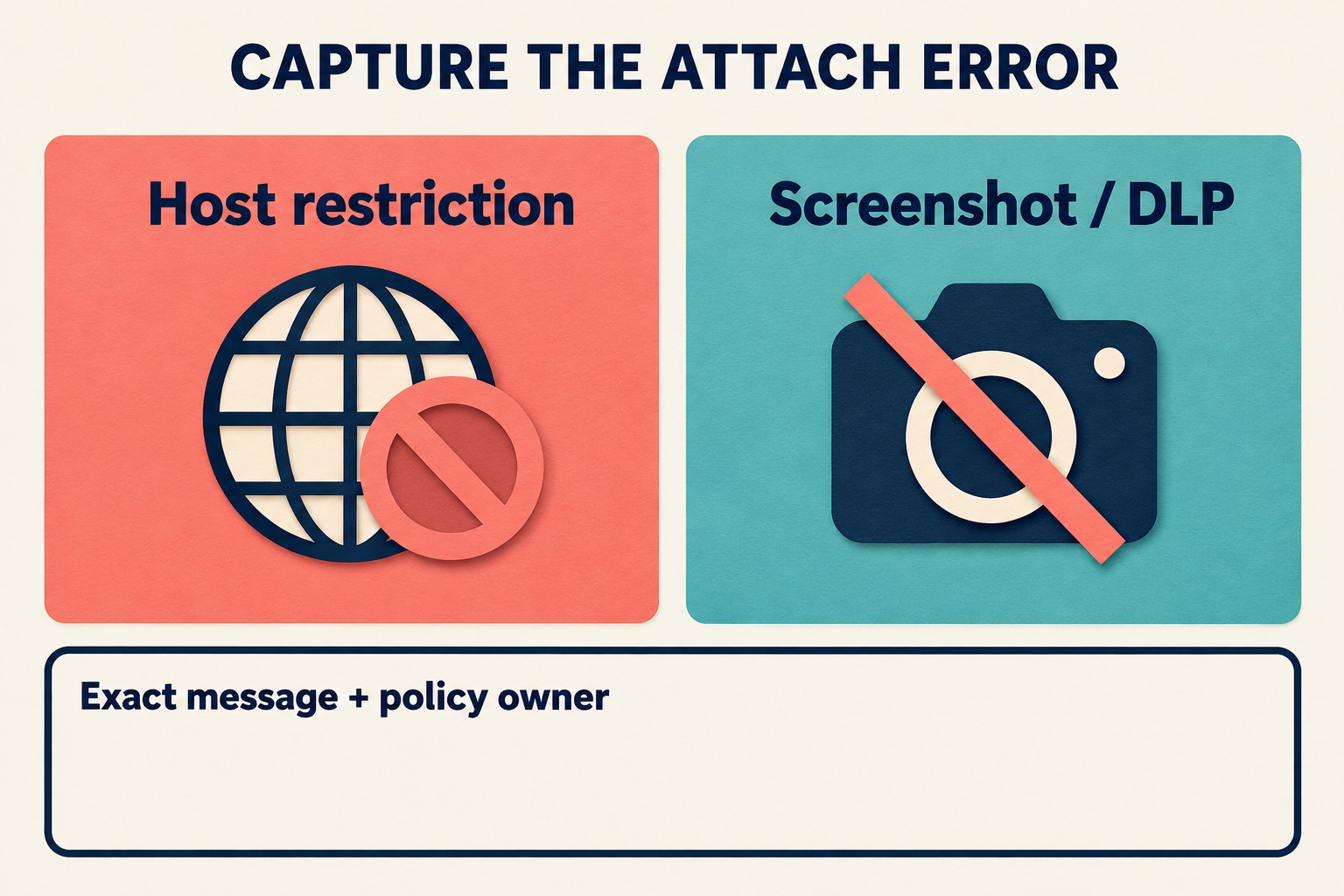 Two diagnostic cards distinguish host restriction from screenshot or DLP restriction above an empty exact-message and policy-owner field.
