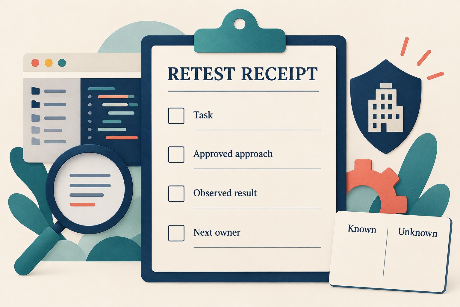 A retest receipt has four unchecked rows for task, approved approach, observed result and next owner beside a known-or-unknown card.