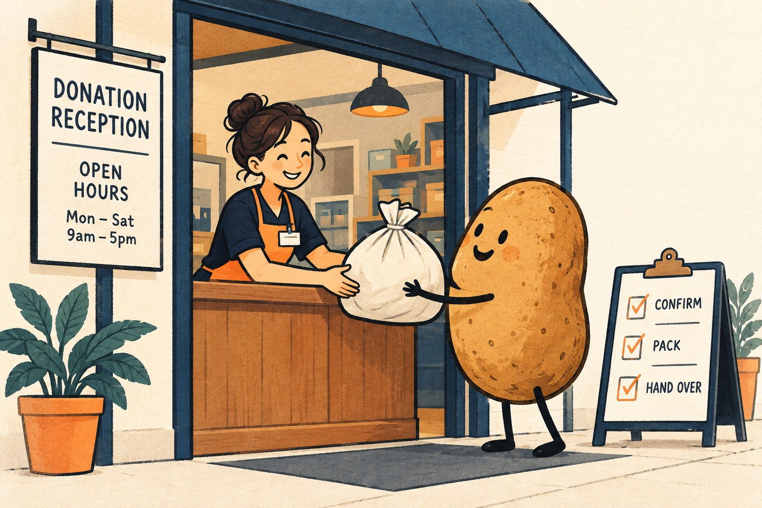 A potato character hands a closed clothing bag to an attendant at a fictional donation reception.