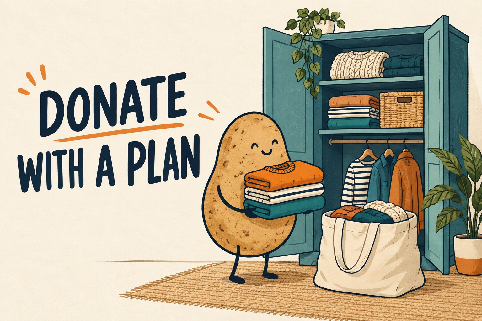 A potato character holds folded clothing beside a wardrobe and donation bag under Donate with a Plan.