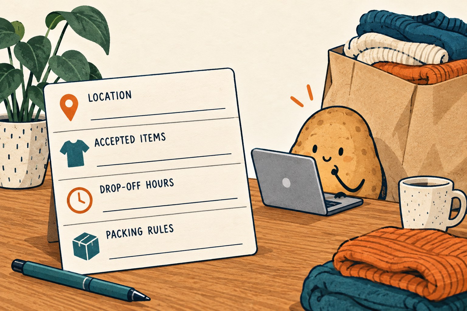 A blank destination card lists Location, Accepted Items, Drop-off Hours and Packing Rules.