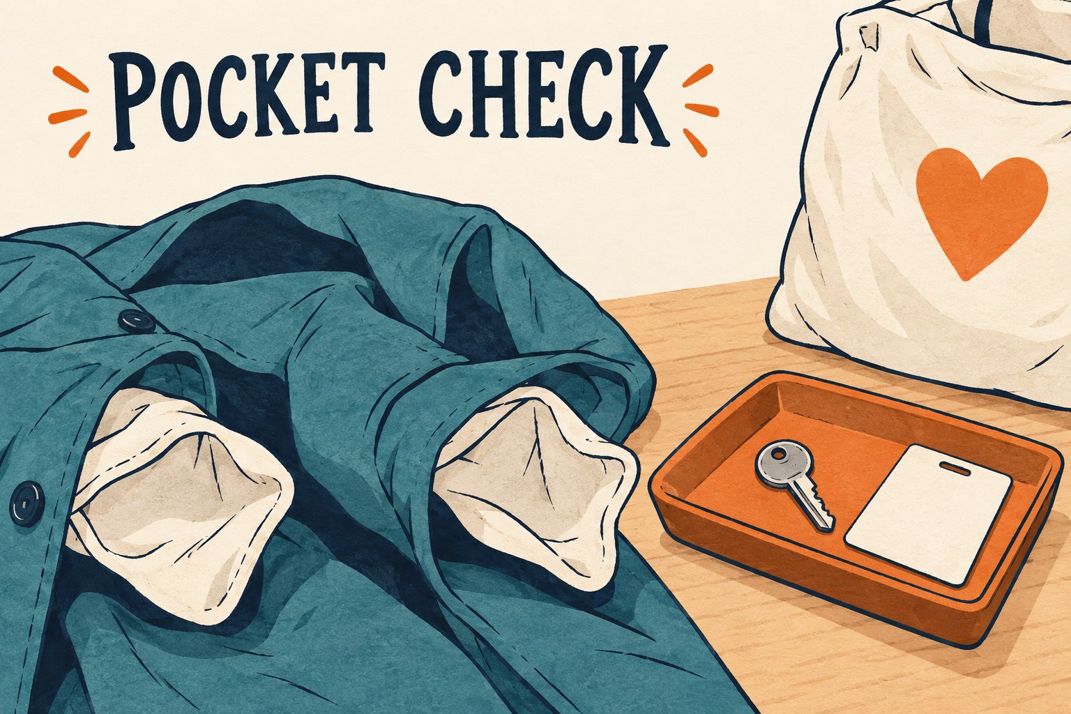 A coat with two turned-out pockets lies beside a tray holding a key and blank identification card.