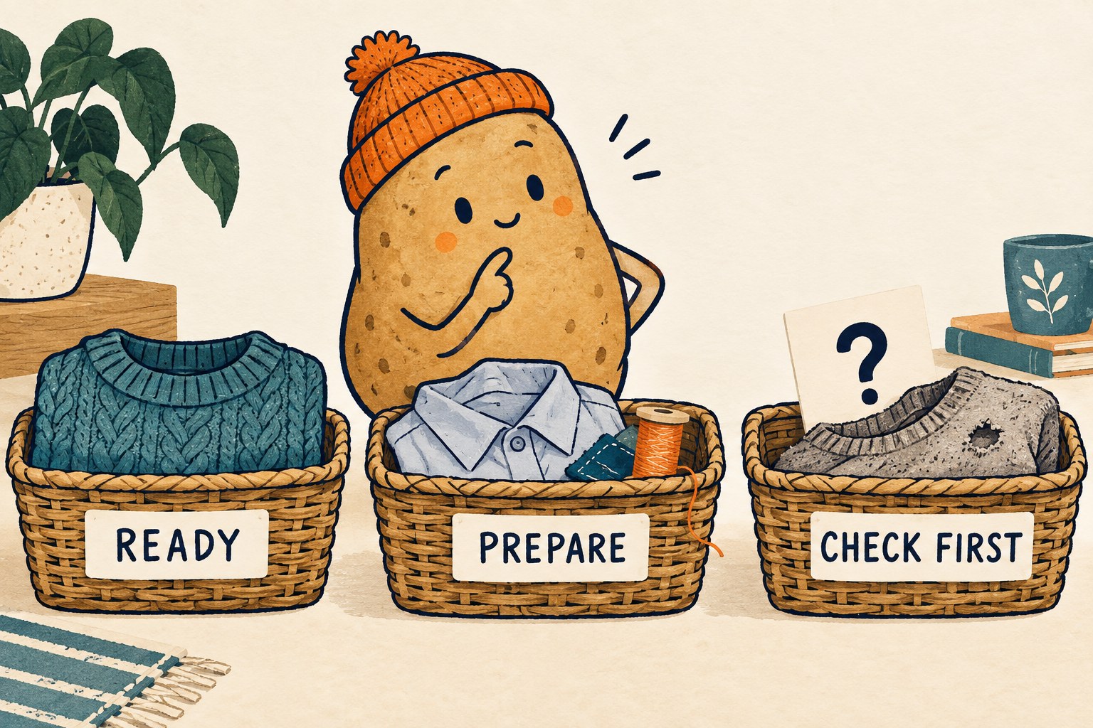 Three clothing baskets labeled Ready, Prepare and Check First show different next actions.