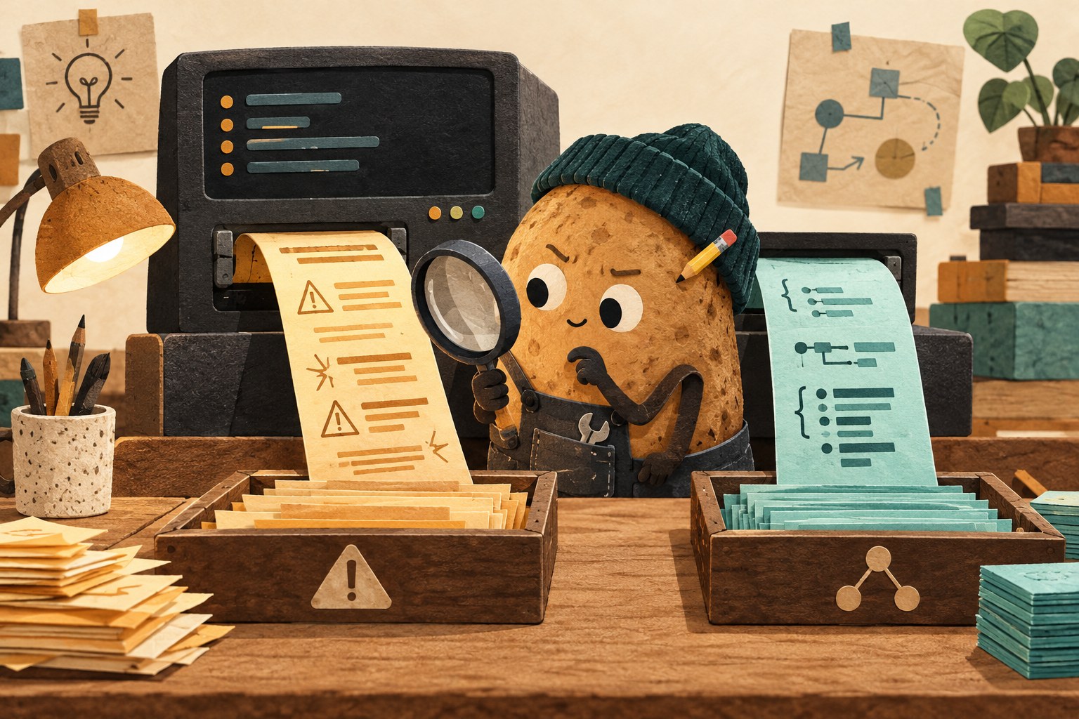 Potato engineer compares amber diagnostic paper with teal structured result paper.