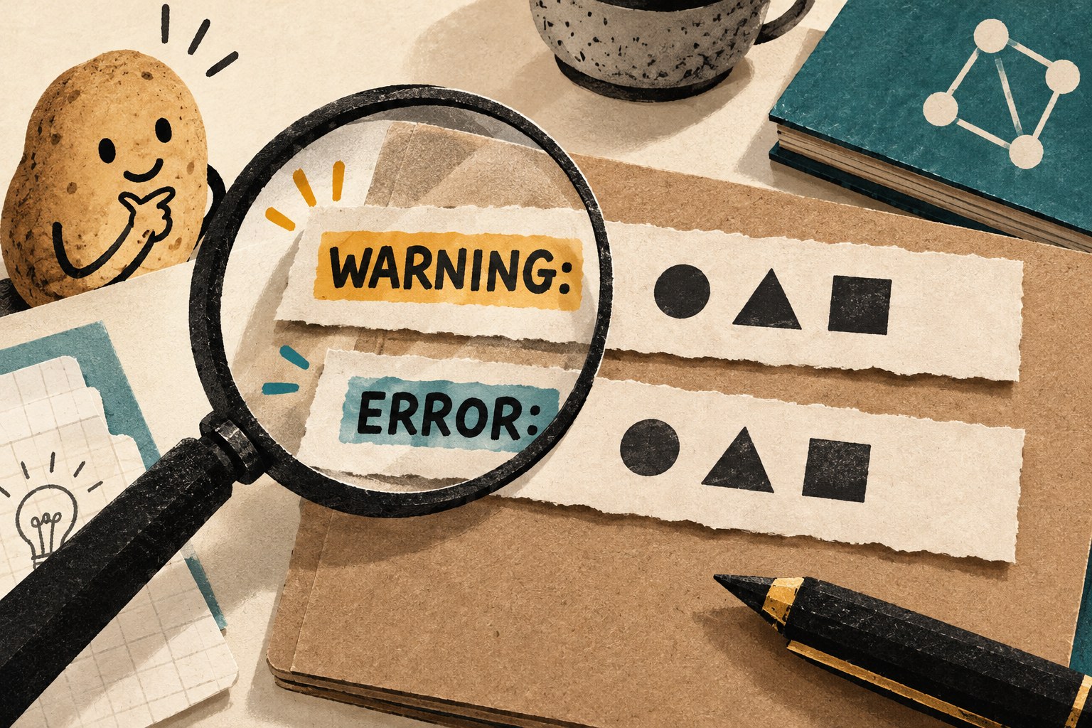 A magnifying glass highlights WARNING and ERROR labels on two illustrative message strips.