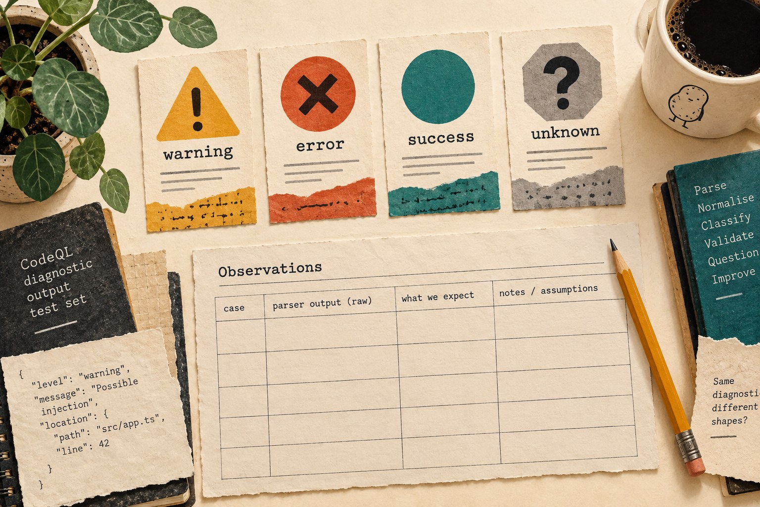 Warning, error, success and unknown cards sit above an empty observations worksheet.