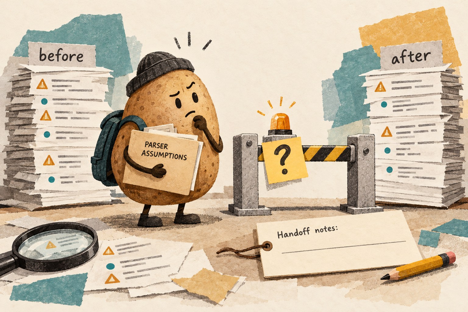 A potato reviewer pauses at a question-mark gate between before and after evidence piles.