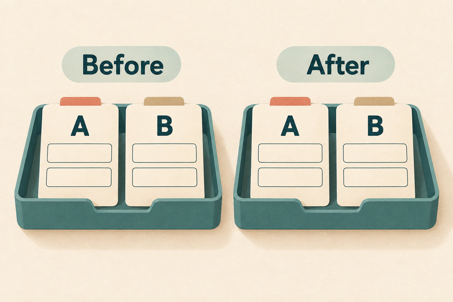 Equal Before and After evidence trays each hold matching blank cards labeled A and B.