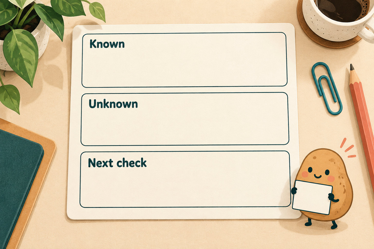 A review card has three empty boxes labeled Known, Unknown, and Next check, with a small potato analyst holding a blank note.