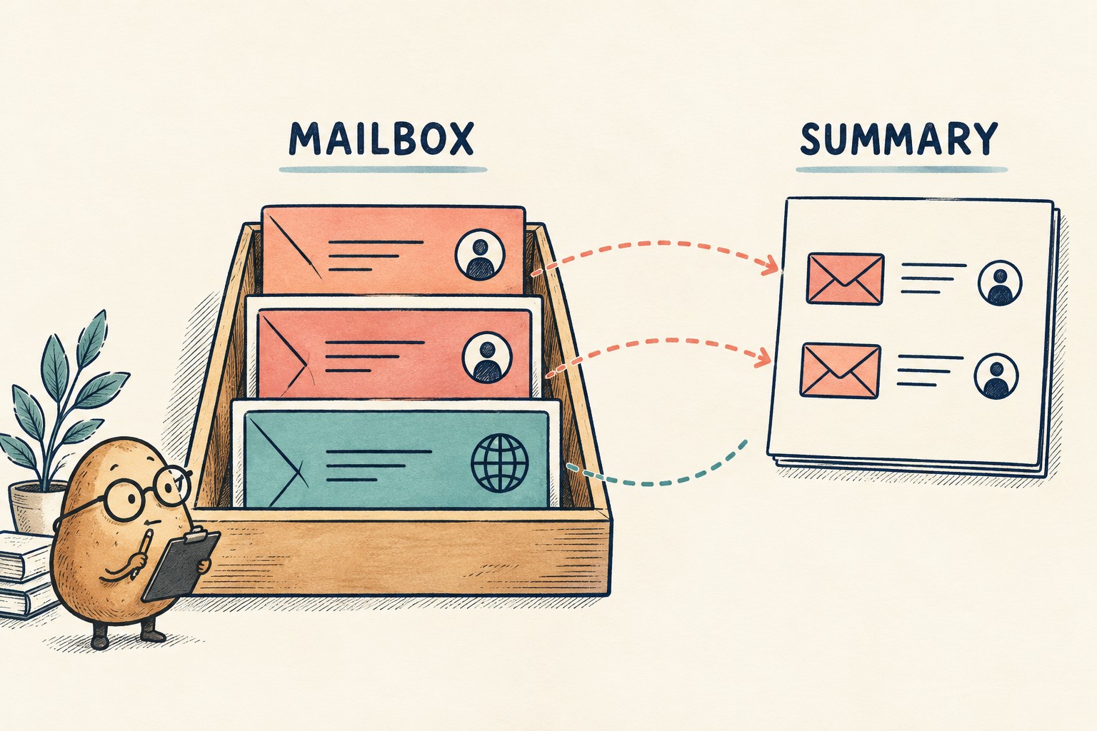 Three mailbox envelopes lead toward a summary containing only two, while the third remains in the mailbox