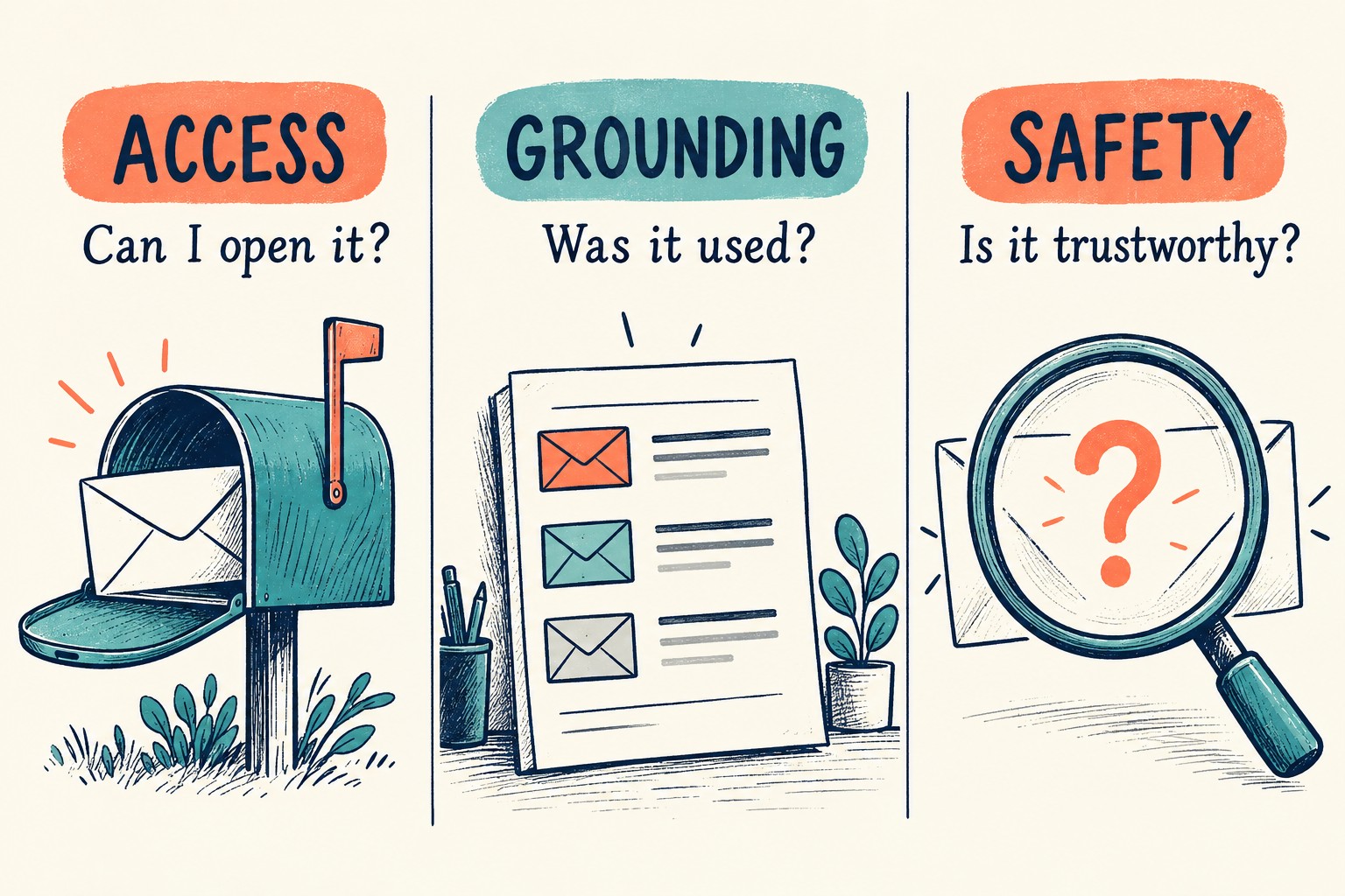 Three separate questions ask whether email opens, whether it was used as grounding and whether it is trustworthy