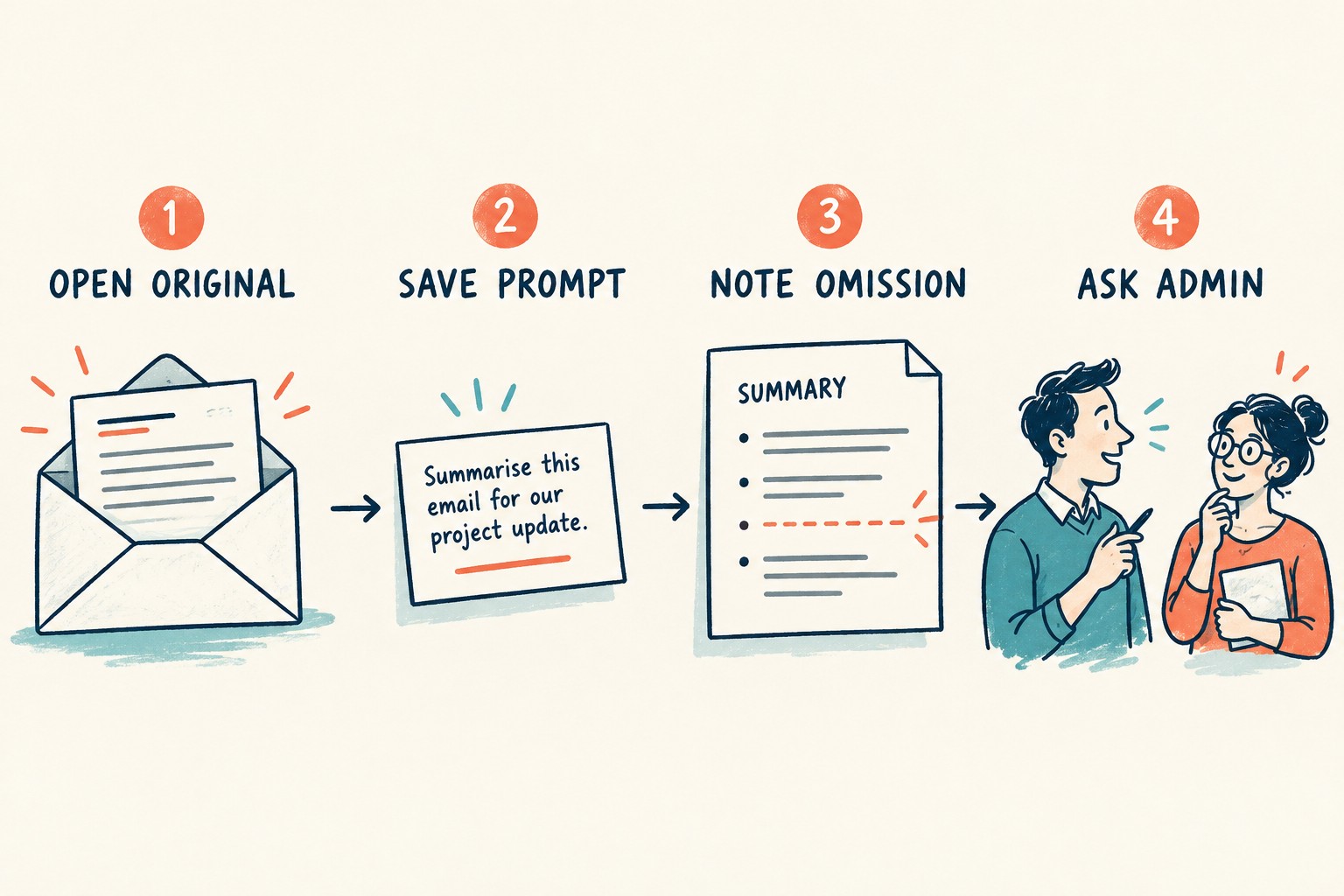 Four steps show opening the original email, saving the prompt, noting the omission and asking an administrator
