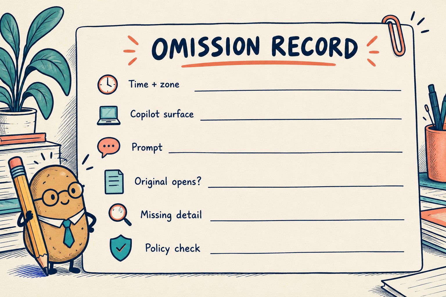 A blank omission record has fields for time, Copilot surface, prompt, original access, missing detail and policy check