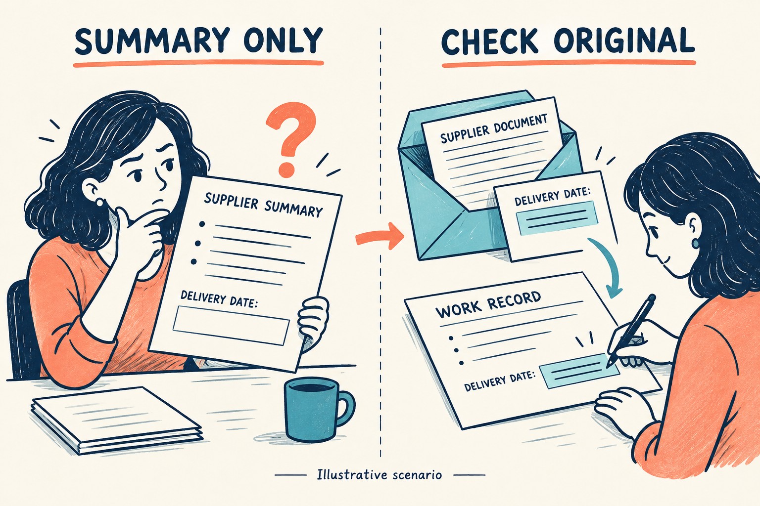 A hypothetical supplier summary has a blank delivery date, followed by checking the original and filling a work record