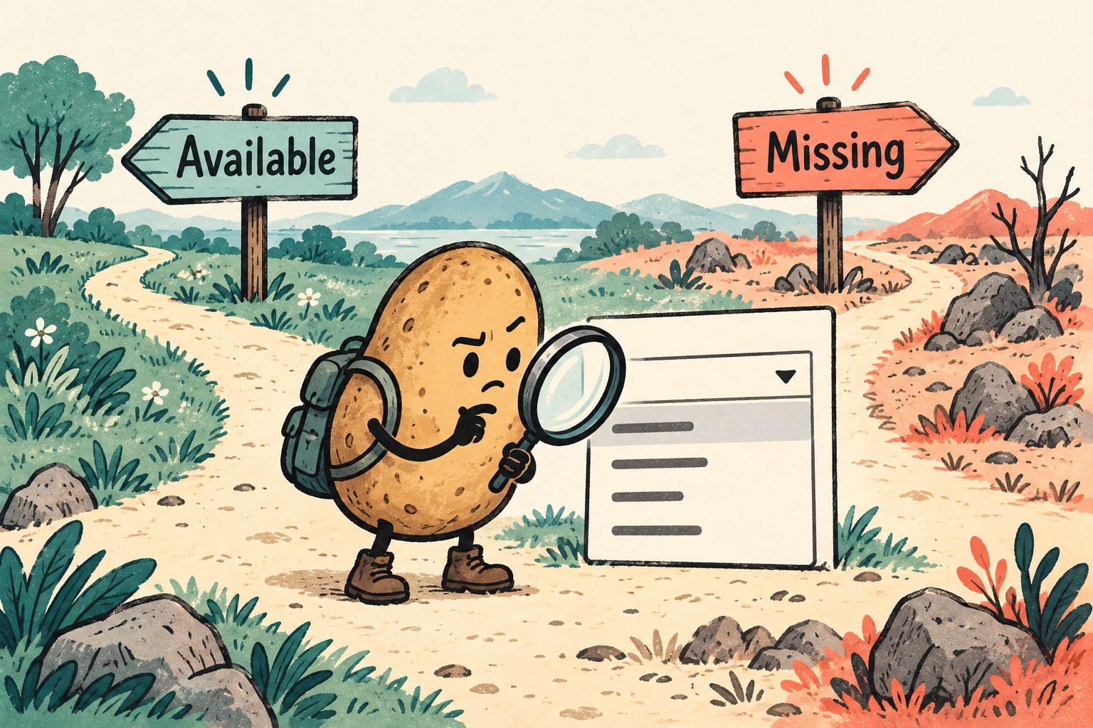 Available and Missing signs frame a potato checking an invented selection menu.