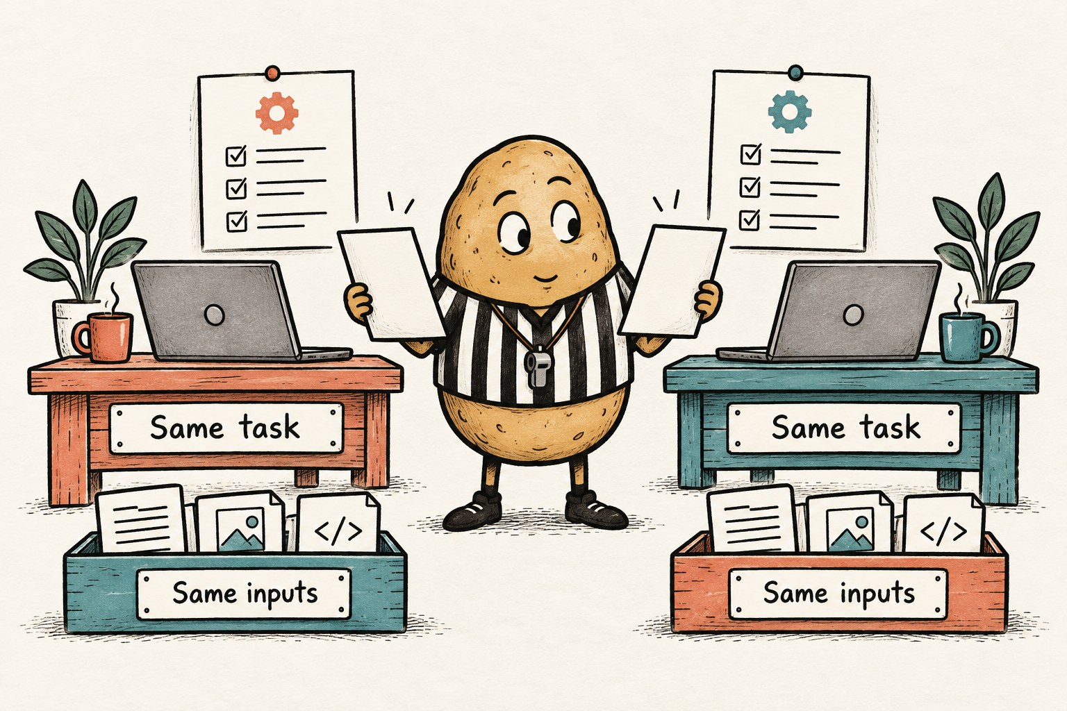 A potato referee compares two workbenches labeled Same task and Same inputs.