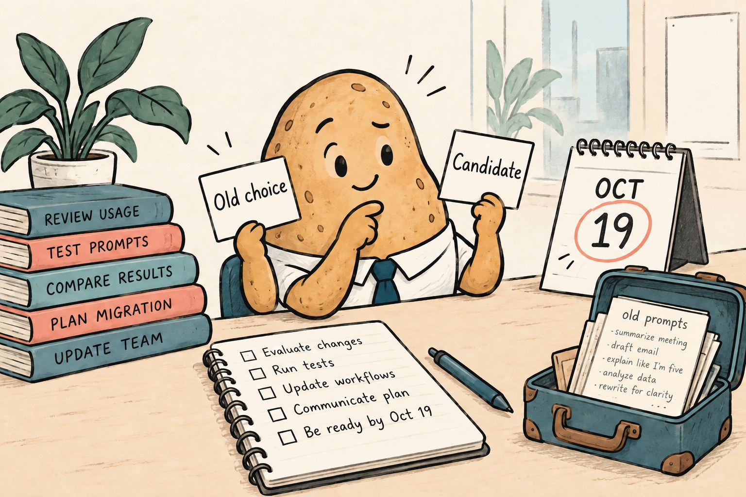 A potato compares Old choice and Candidate cards beside an October19 calendar.