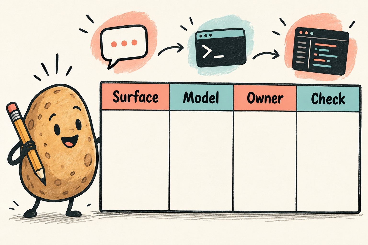 A blank Surface, Model, Owner and Check worksheet beside a potato holding a pencil.