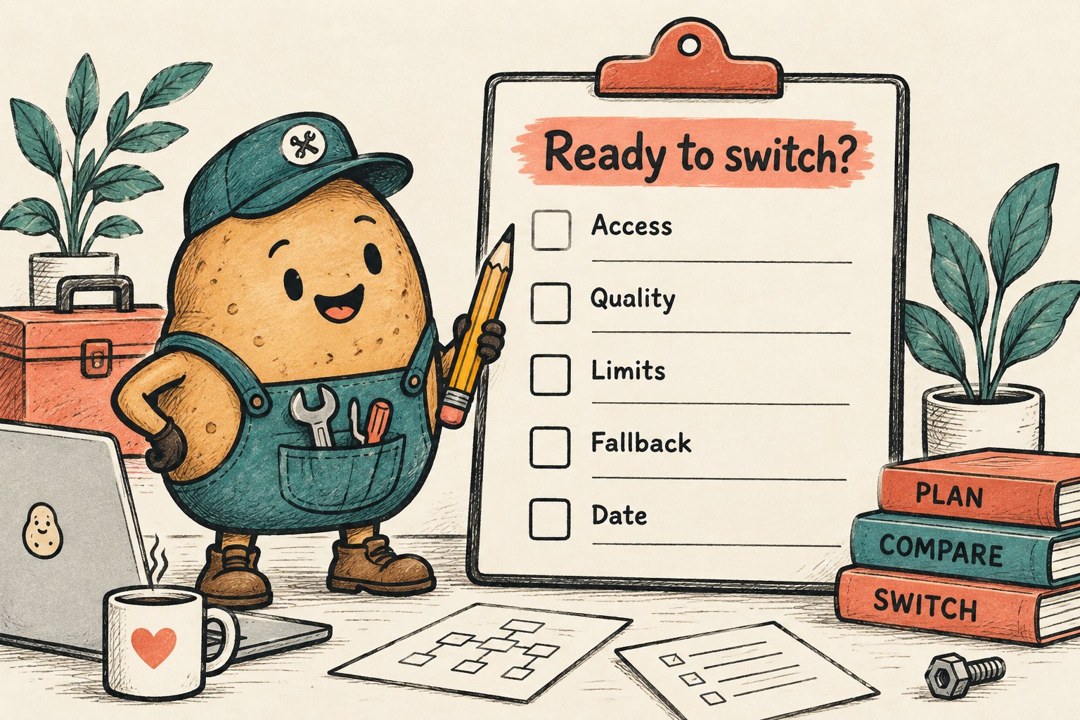 A blank Ready to switch checklist lists Access, Quality, Limits, Fallback and Date.