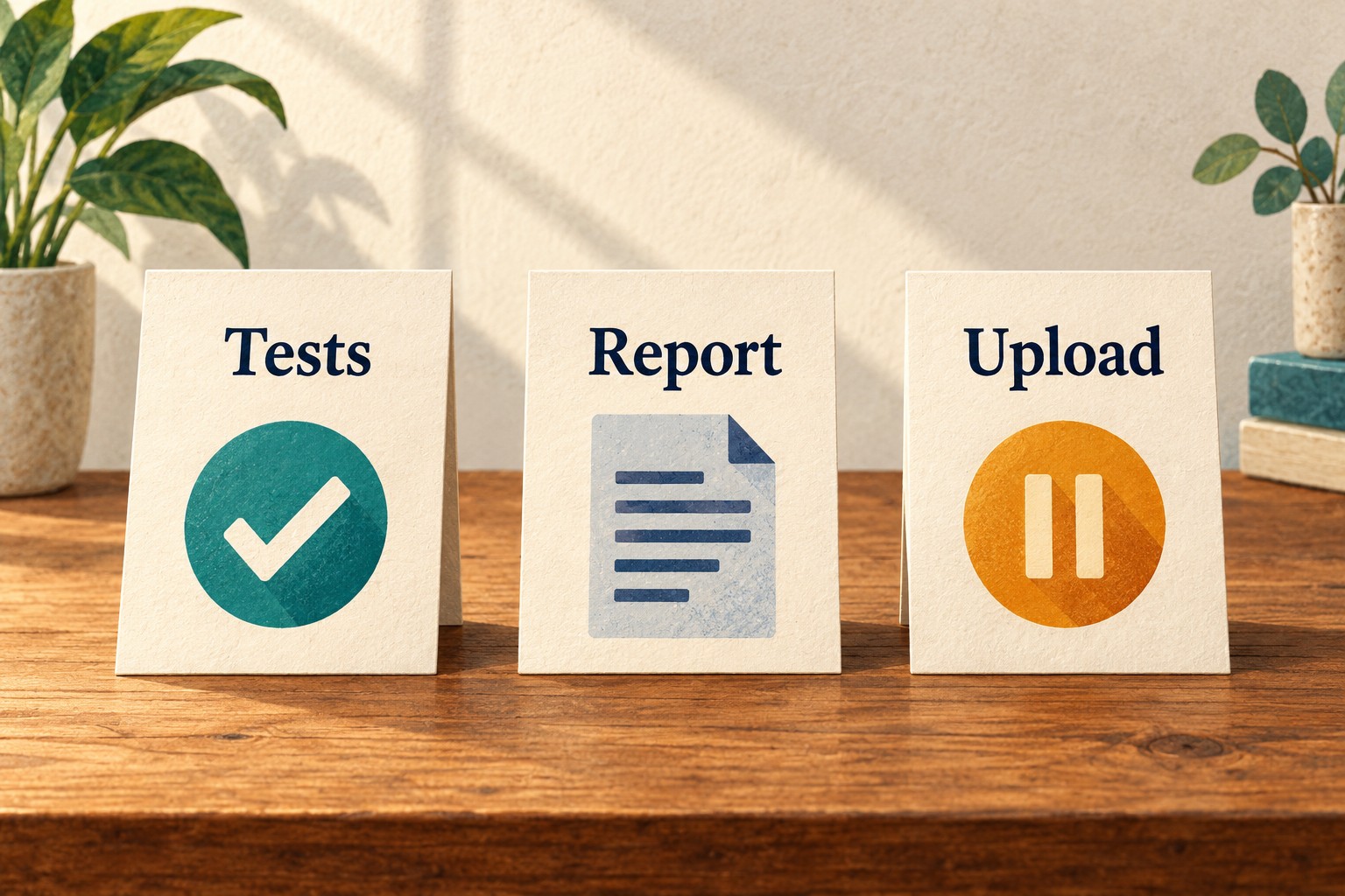 Three separate cards show Tests with a check, Report with a document, and Upload with a pause symbol.