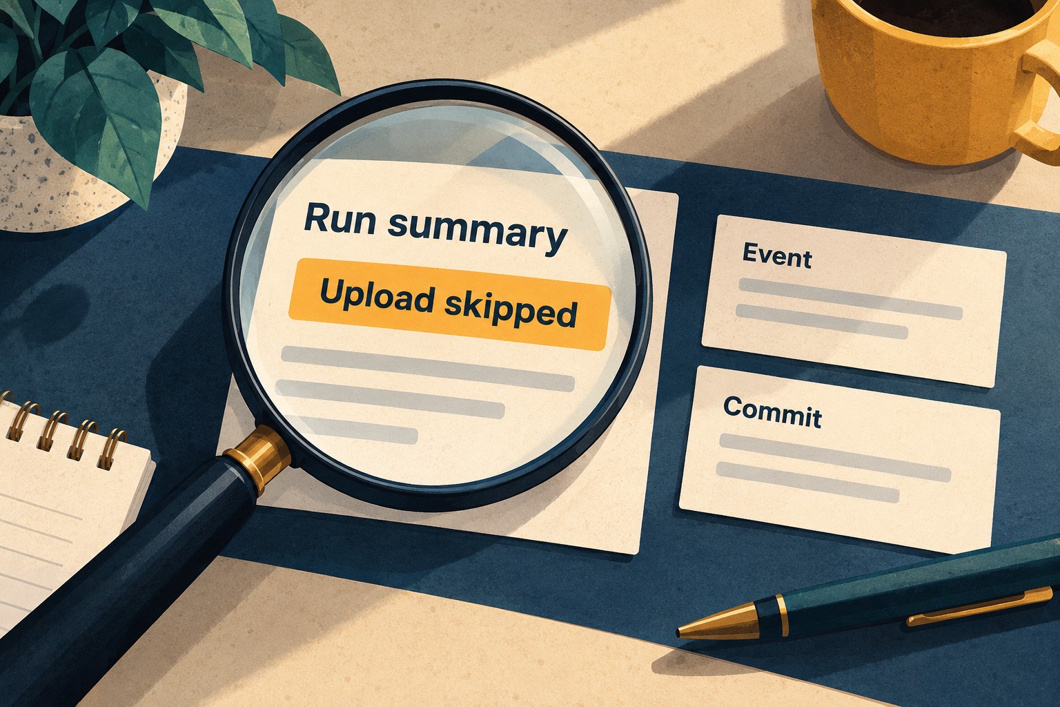 A magnifying glass highlights an Upload skipped notice beside blank Event and Commit cards.