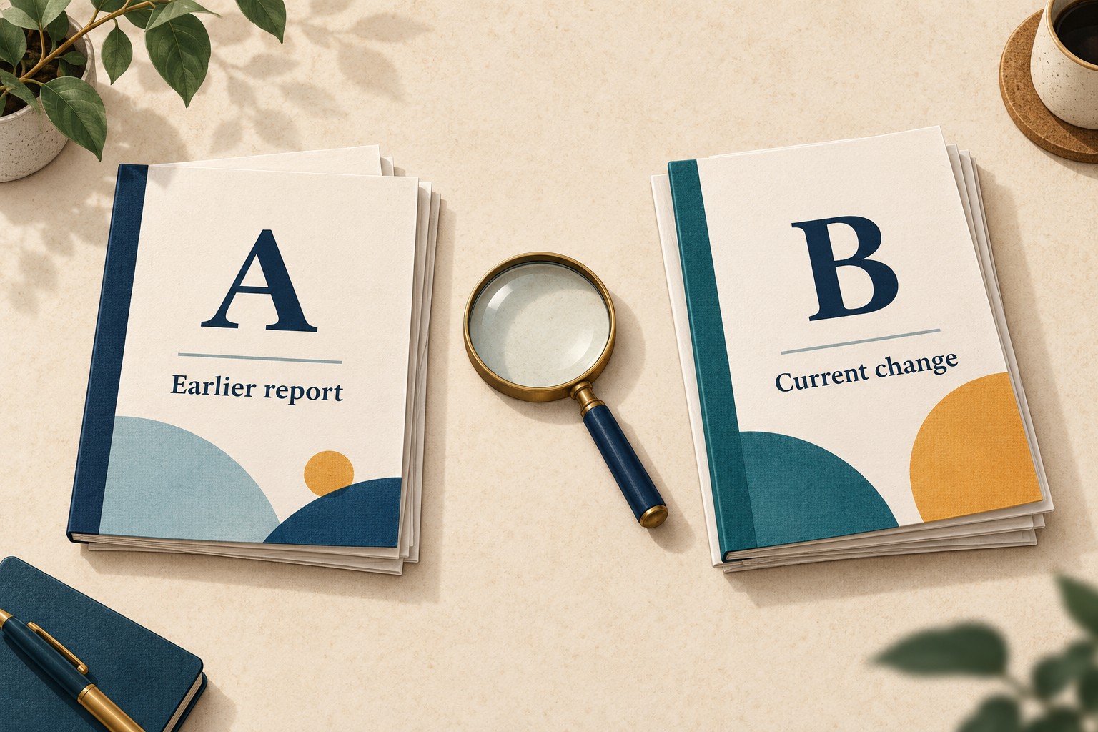 Separate document packets marked A, Earlier report, and B, Current change, illustrate a revision mismatch.
