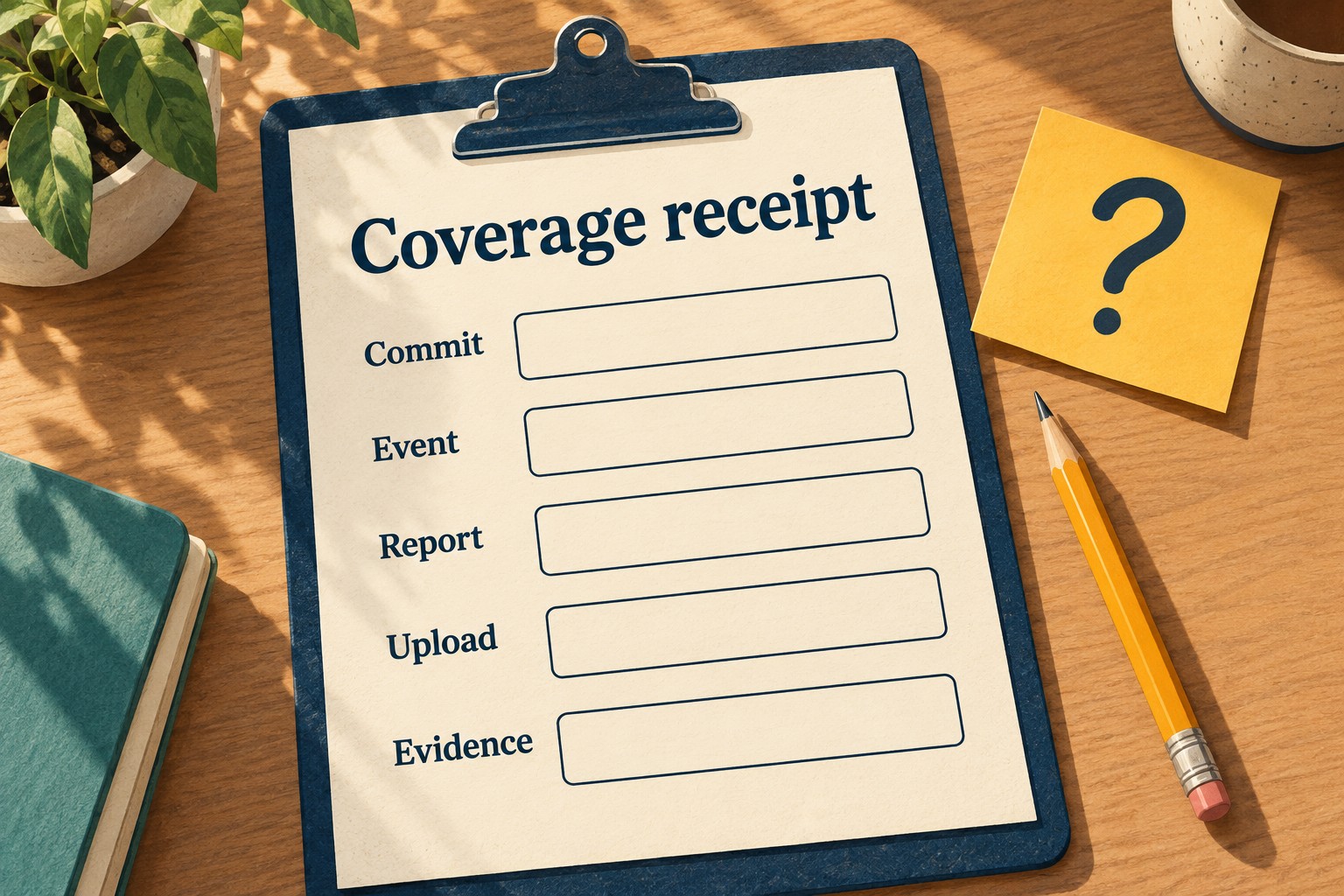 A blank Coverage receipt clipboard contains Commit, Event, Report, Upload and Evidence fields.