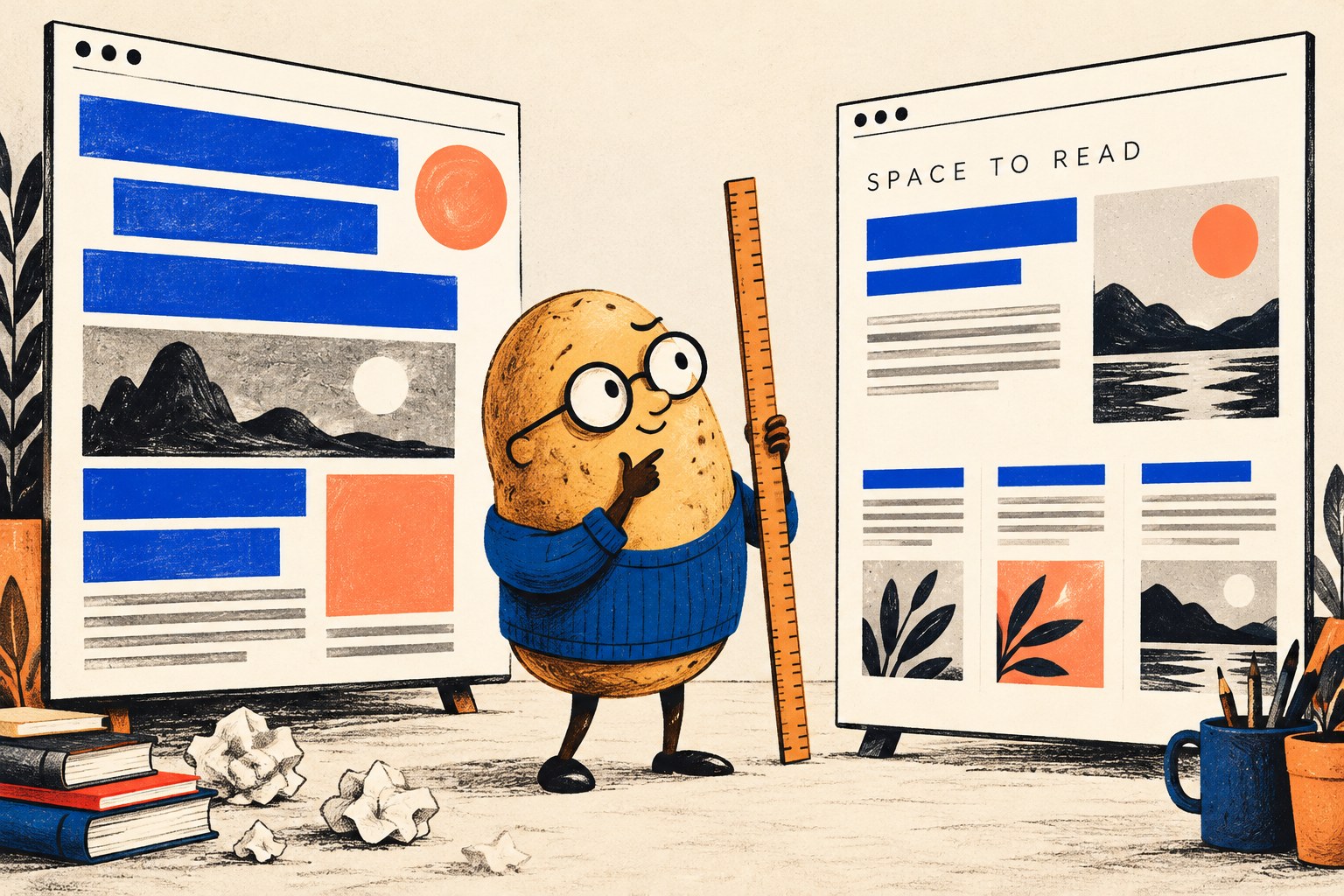 Potato designer compares two conceptual web layouts with different heading sizes and spacing