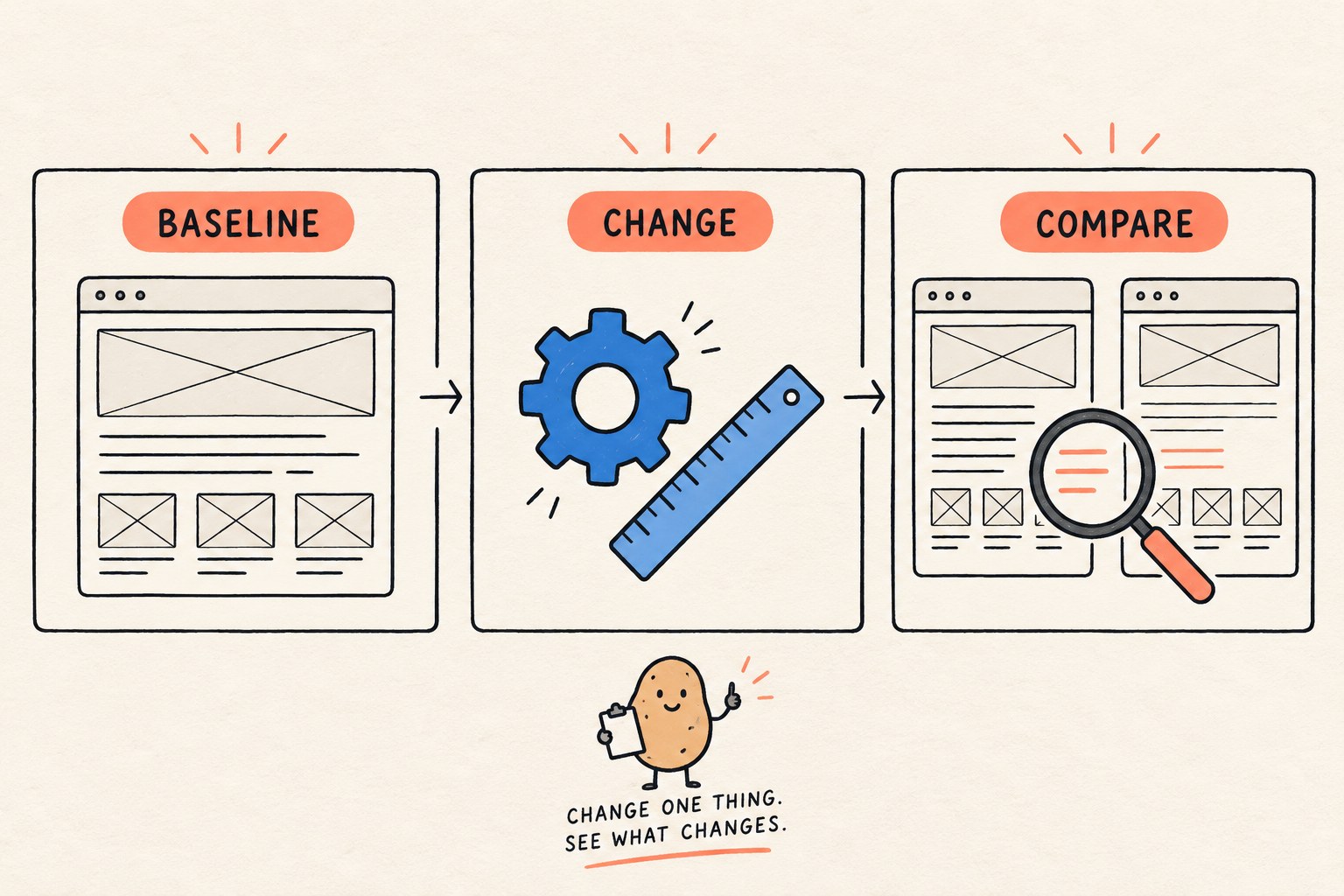 Baseline, change and compare cards show a one-change-at-a-time layout review