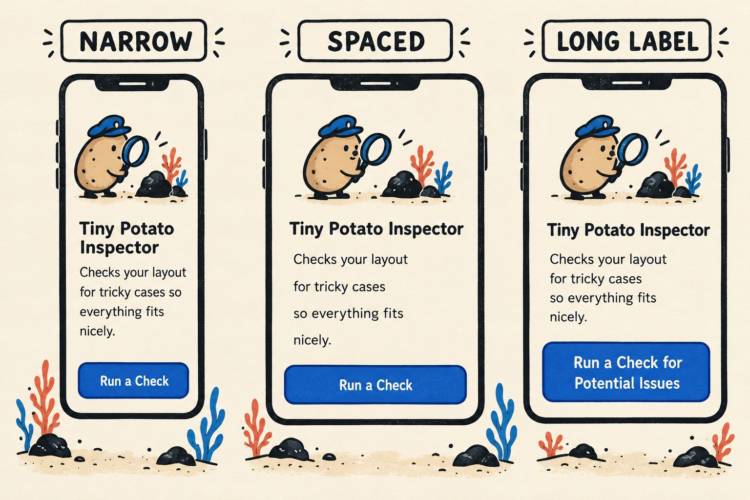 Three illustrative review cases show narrow wrapping, increased spacing and a longer button label