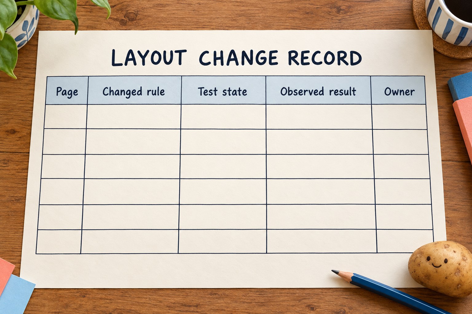 Blank layout change record with page, changed rule, test state, observed result and owner columns