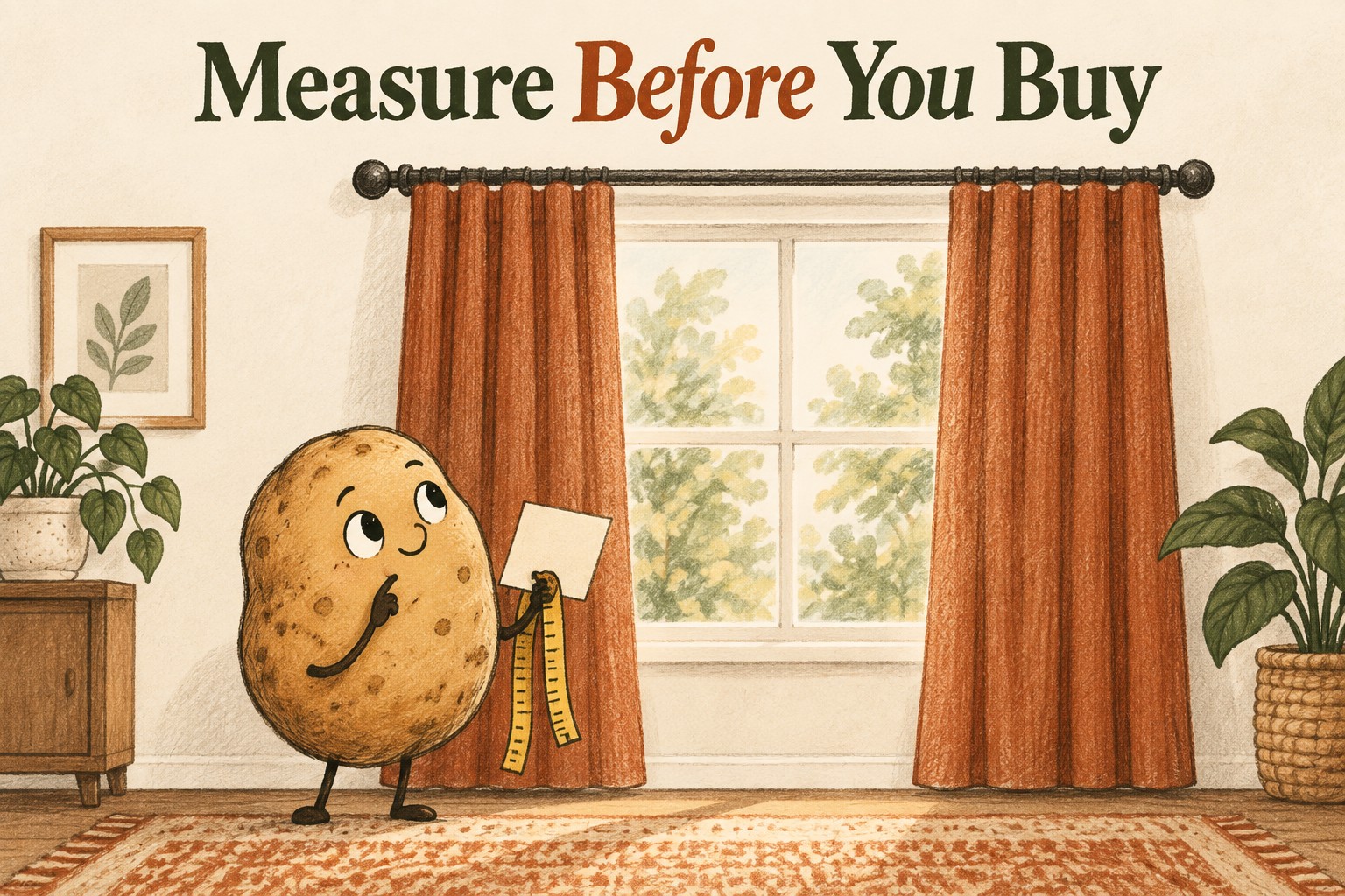 A potato holds a tape measure beside a window and curtain rod.
