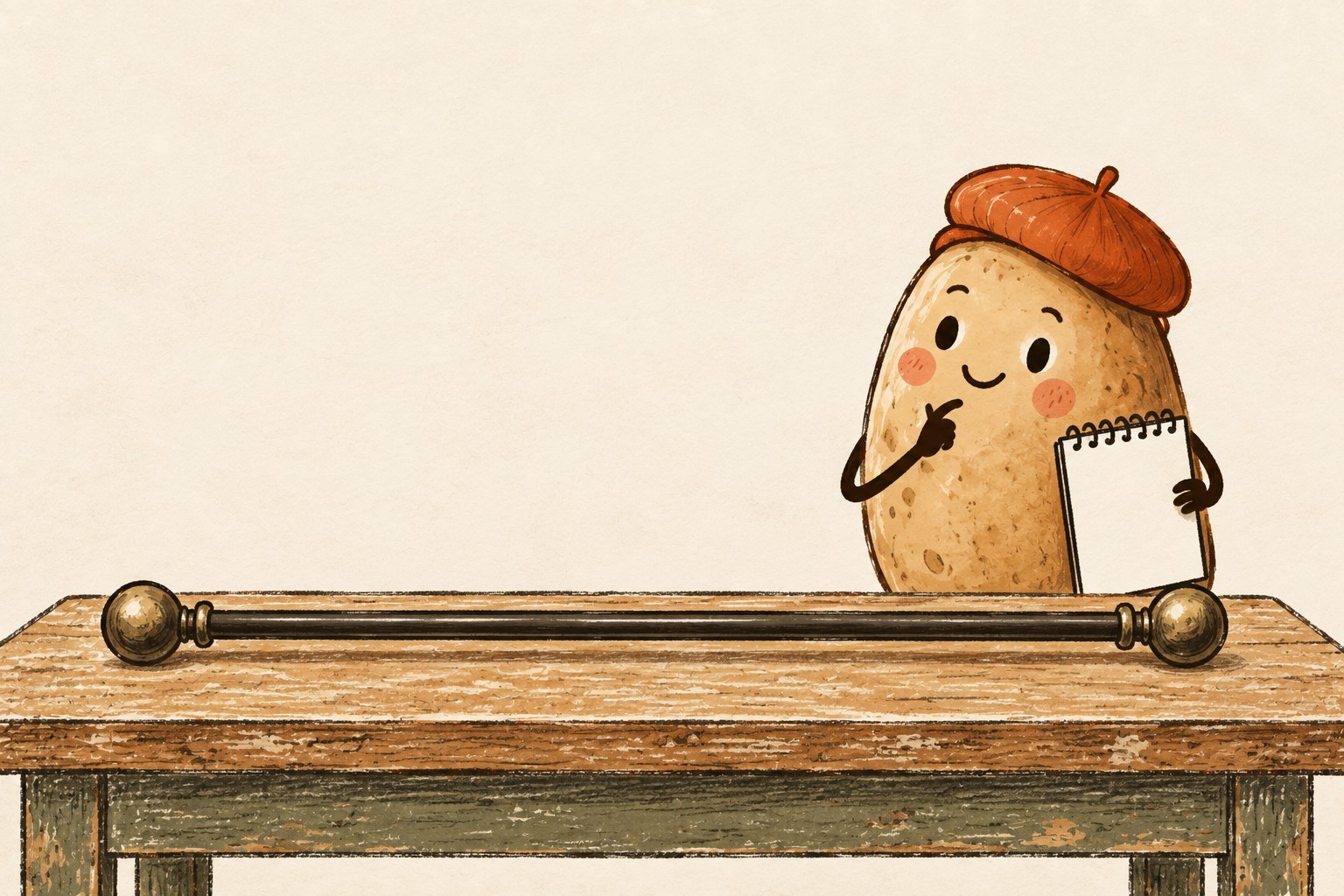 A potato inspects a straight curtain rod with decorative ends resting on a table.