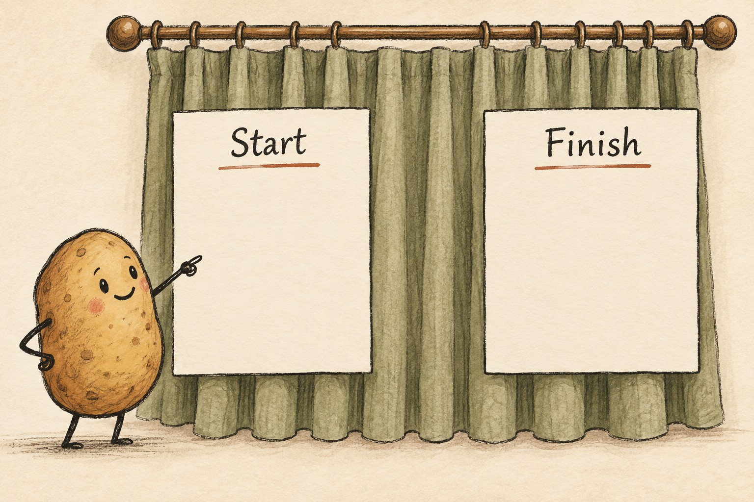 A potato points to two note cards labeled Start and Finish in front of a curtain.