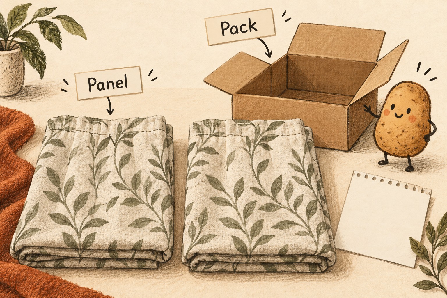 Two separate curtain panels sit beside a single pack label and a blank comparison card.
