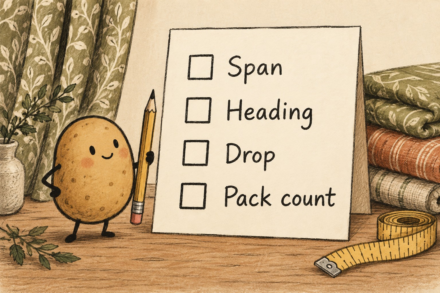 A checklist has labels for Span, Heading, Drop and Pack count.