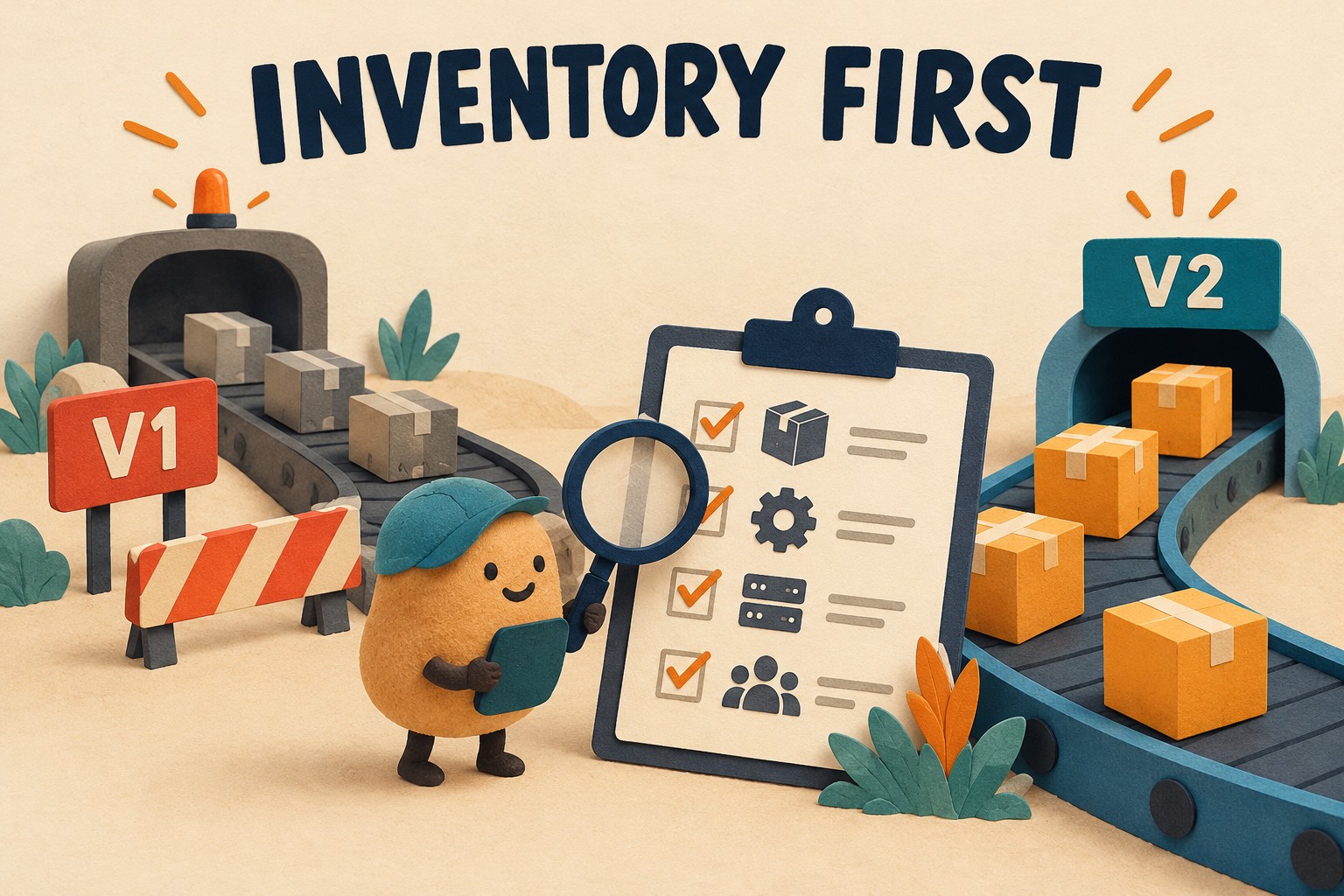 Potato helper inventories a clipboard between conceptual V1 and V2 extension release conveyors
